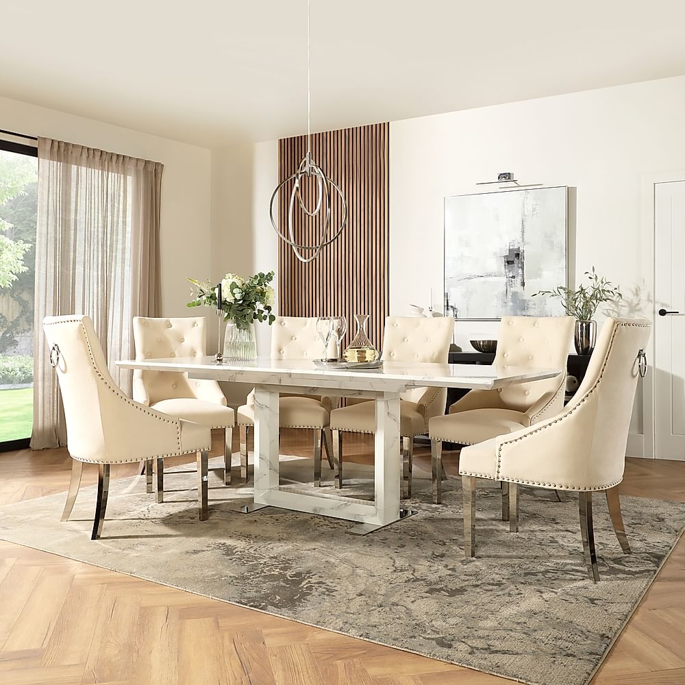 Tokyo Extending Dining Table & 4 Imperial Chairs, White Marble Effect, Ivory Classic Plush Fabric & Chrome, 160-220cm