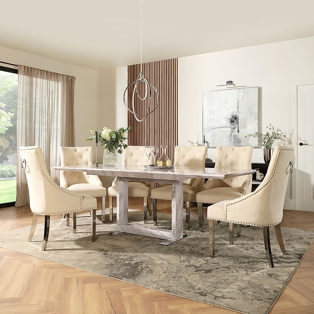 Tokyo Extending Dining Table & 4 Imperial Chairs, Grey Marble Effect, Ivory Classic Plush Fabric & Chrome, 160-220cm