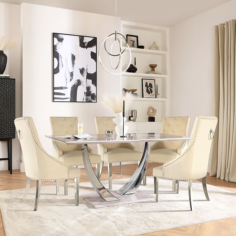 Peake Dining Table & 4 Imperial Chairs, Grey Marble Effect & Chrome, Ivory Classic Plush Fabric & Chrome, 160cm