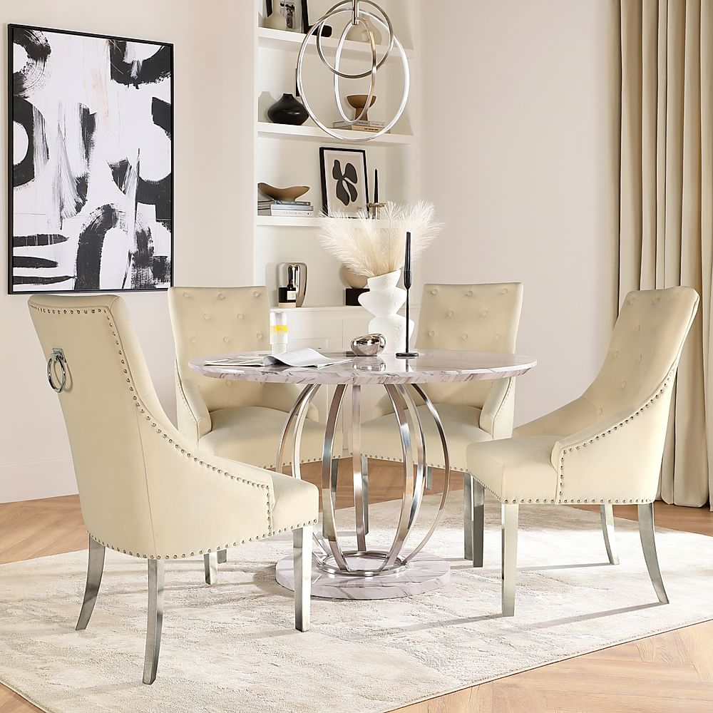 Savoy Dining Table & 4 Imperial Chairs, Grey Marble Effect, Ivory Classic Plush Fabric & Chrome, 160cm