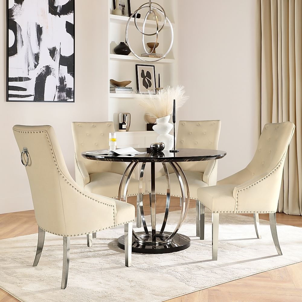 Savoy Dining Table & 4 Imperial Chairs, Black Marble Effect, Ivory Classic Plush Fabric & Chrome, 160cm