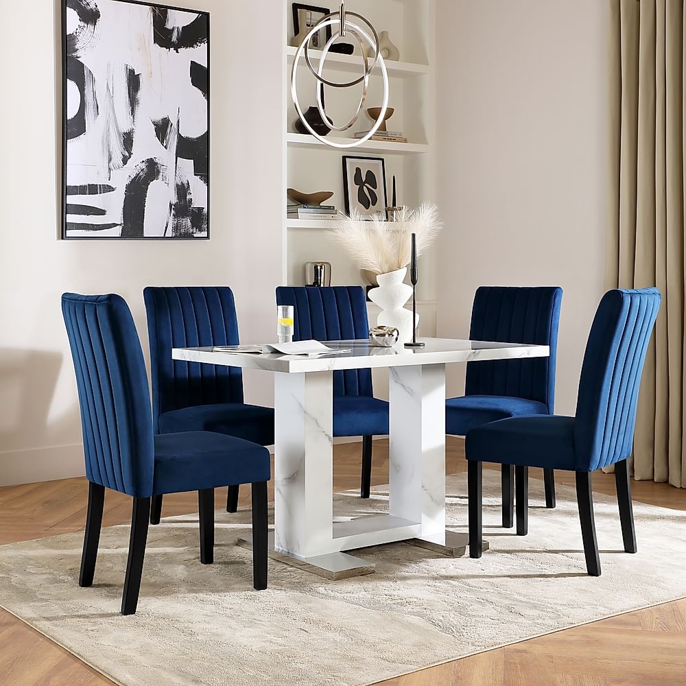 Joule Dining Table & 6 Salisbury Chairs, White Marble Effect, Blue Classic Velvet & Black Solid Hardwood, 120cm