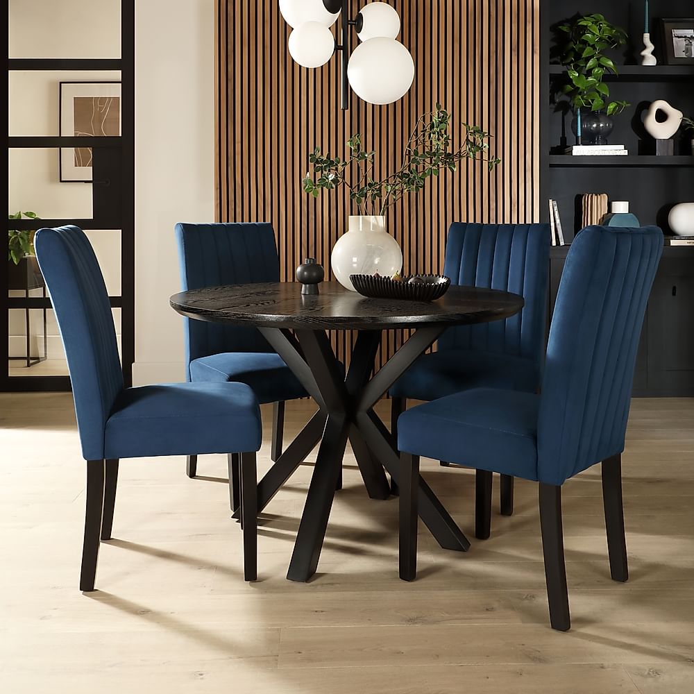 Newark Round Dining Table & 4 Salisbury Chairs, Black Oak Effect & Black Steel, Blue Classic Velvet & Black Solid Hardwood, 160cm