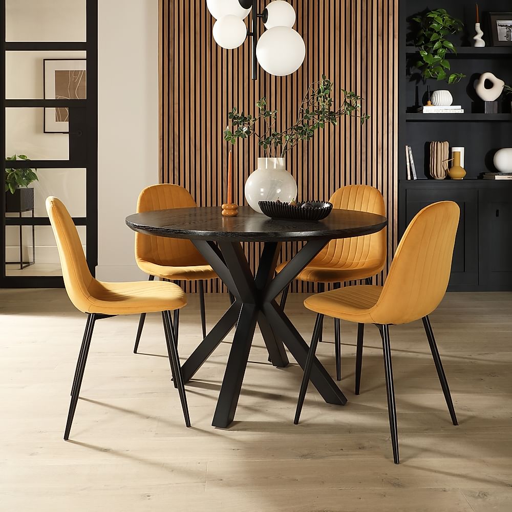 Newark Round Dining Table & 4 Brooklyn Chairs, Black Oak Effect & Black Steel, Mustard Classic Velvet, 160cm
