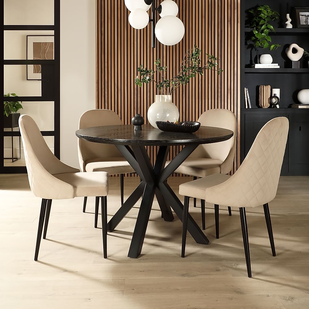 Newark Round Dining Table & 4 Ricco Chairs, Black Oak Effect & Black Steel, Champagne Classic Velvet, 160cm