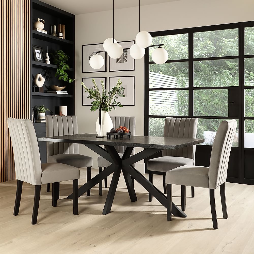 Madison Dining Table & 6 Salisbury Chairs, Black Oak Effect & Black Steel, Grey Classic Velvet & Black Solid Hardwood, 160cm
