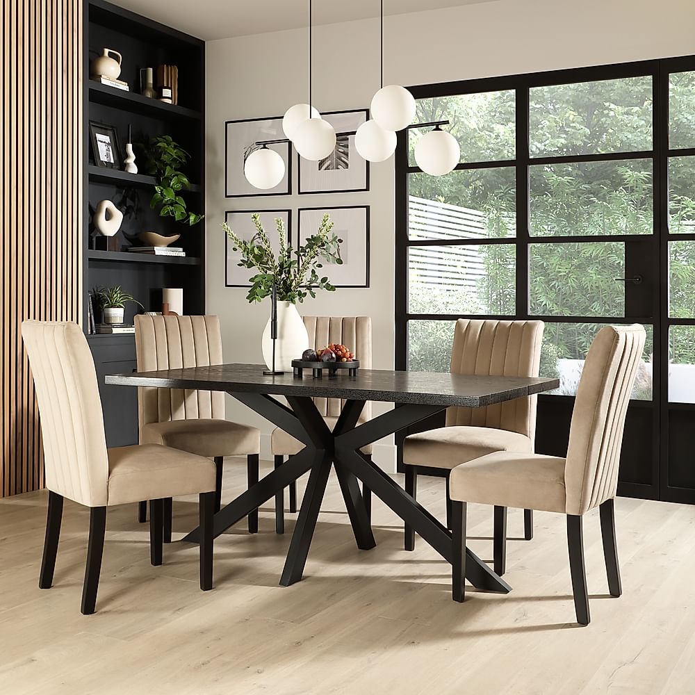Madison Dining Table & 4 Salisbury Chairs, Black Oak Effect & Black Steel, Champagne Classic Velvet & Black Solid Hardwood, 160cm