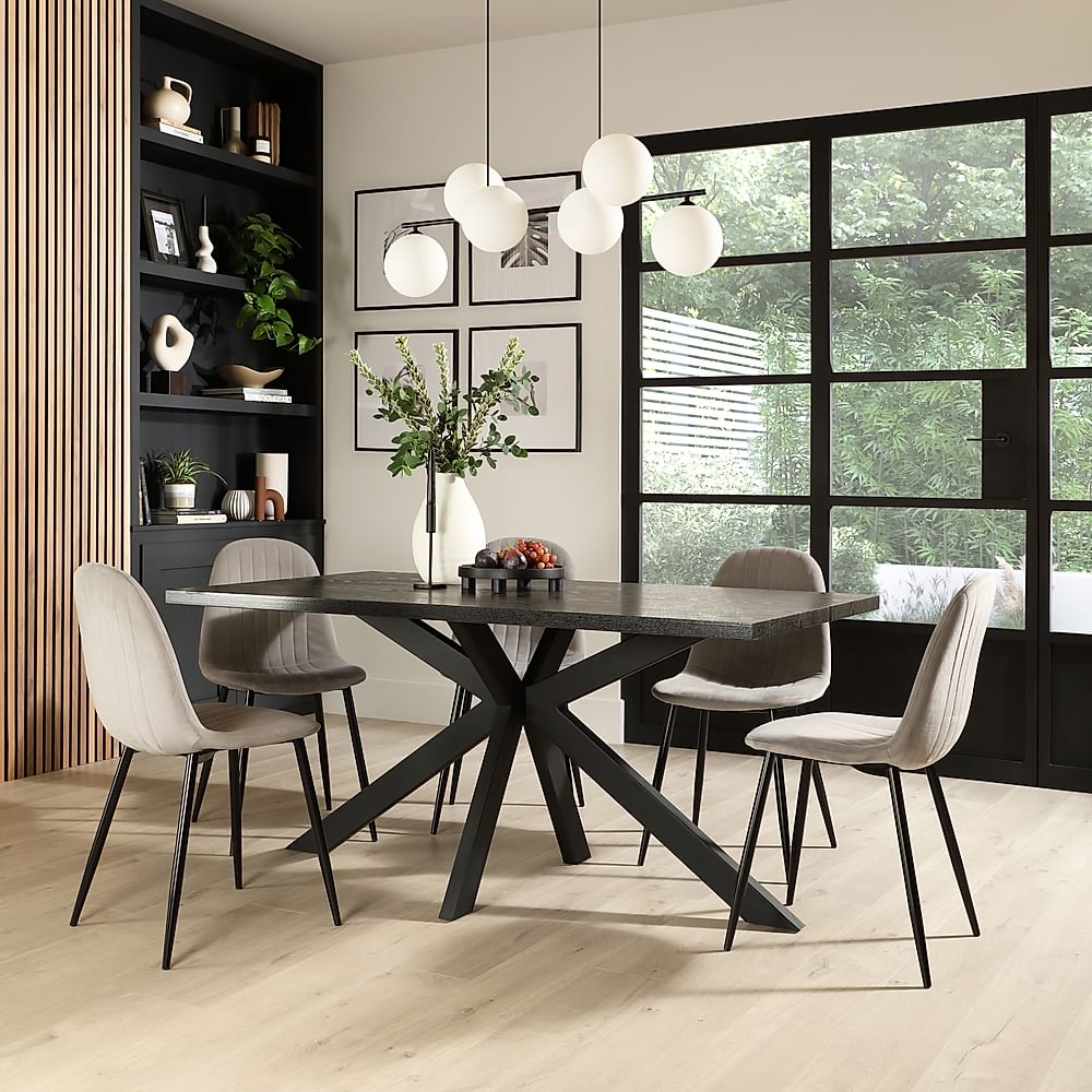 Madison Dining Table & 4 Brooklyn Chairs, Black Oak Effect & Black Steel, Grey Classic Velvet, 160cm