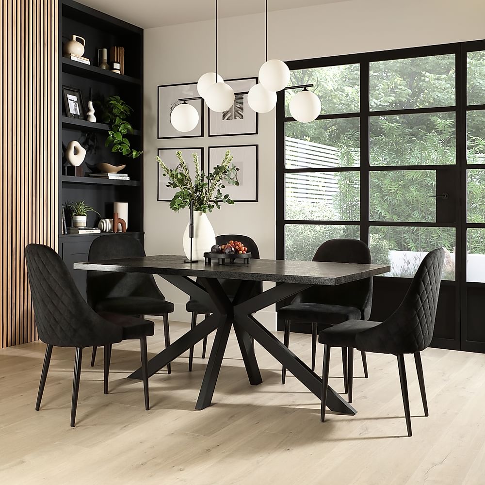Madison Dining Table & 4 Ricco Chairs, Black Oak Effect & Black Steel, Black Classic Velvet, 160cm