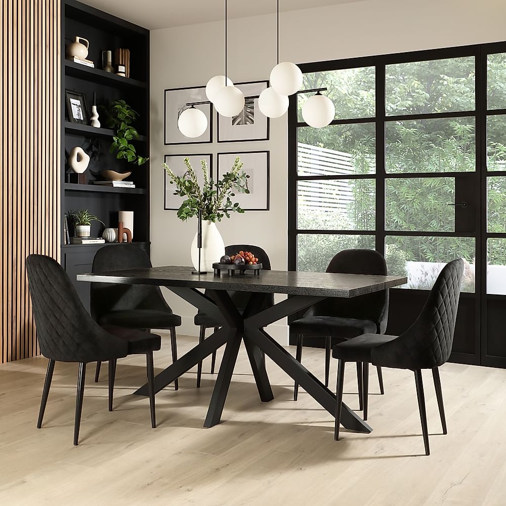 Madison Dining Table & 6 Ricco Chairs, Black Oak Effect & Black Steel, Black Classic Velvet, 160cm