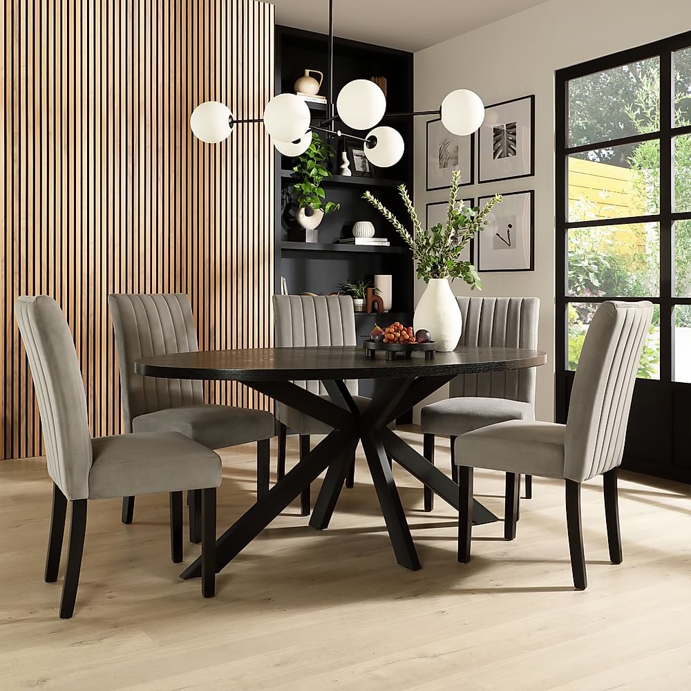 Madison Oval Dining Table & 6 Salisbury Chairs, Black Oak Effect & Black Steel, Grey Classic Velvet & Black Solid Hardwood, 160cm