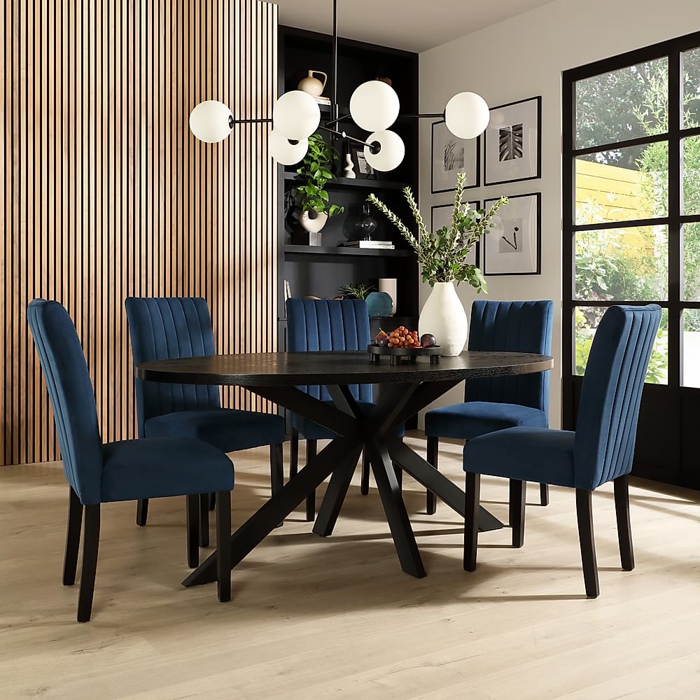 Madison Oval Dining Table & 6 Salisbury Chairs, Black Oak Effect & Black Steel, Blue Classic Velvet & Black Solid Hardwood, 160cm