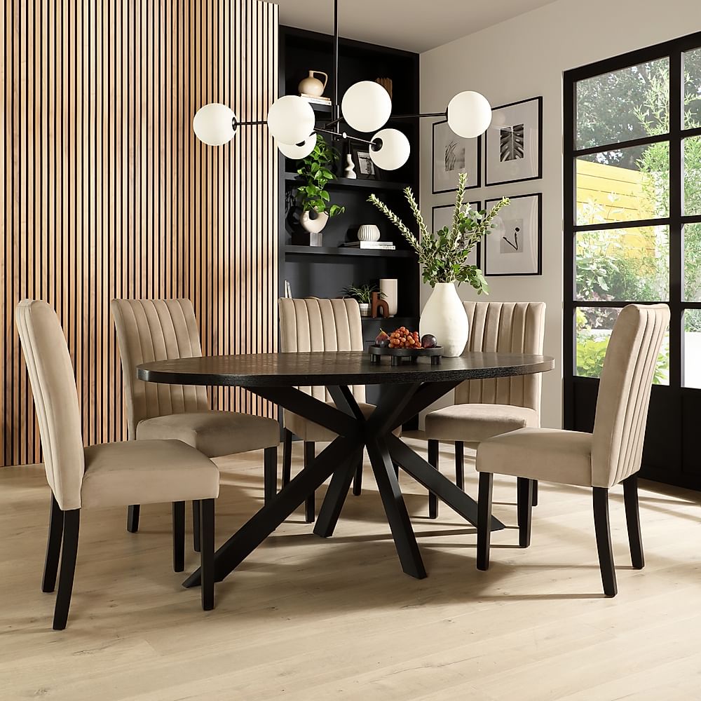 Madison Oval Dining Table & 4 Salisbury Chairs, Black Oak Effect & Black Steel, Champagne Classic Velvet & Black Solid Hardwood, 160cm