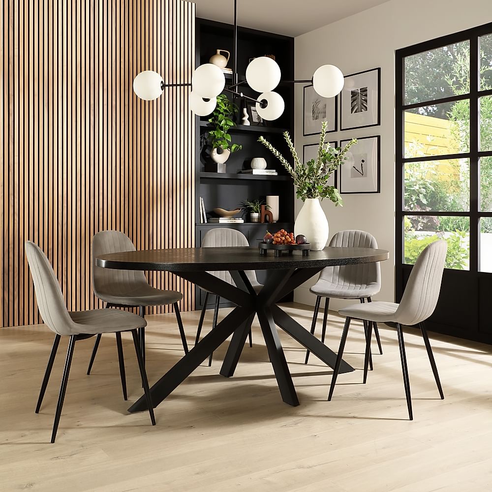 Madison Oval Dining Table & 6 Brooklyn Chairs, Black Oak Effect & Black Steel, Grey Classic Velvet, 180cm