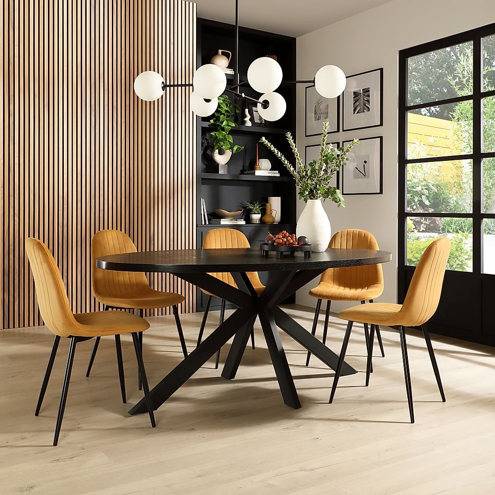 Madison Oval Dining Table & 6 Brooklyn Chairs, Black Oak Effect & Black Steel, Mustard Classic Velvet, 160cm