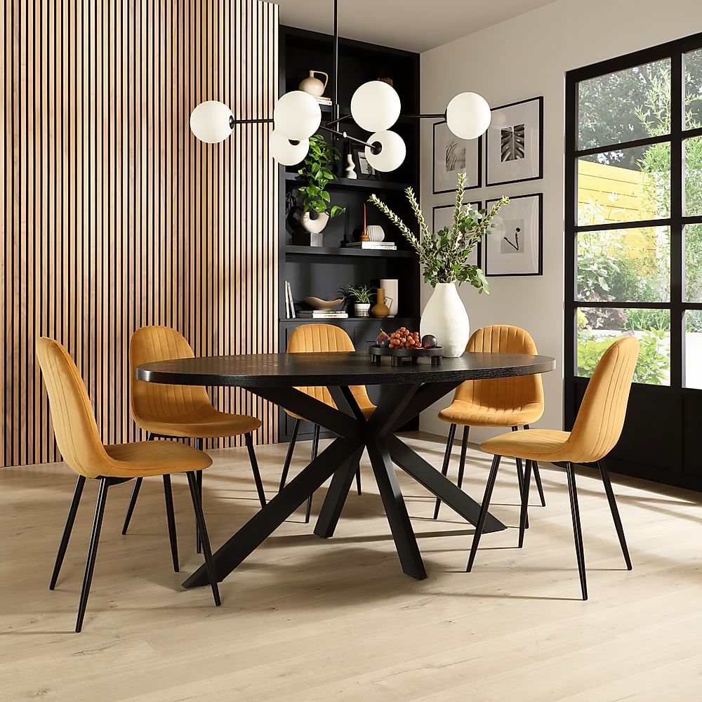 Madison Oval Dining Table & 6 Brooklyn Chairs, Black Oak Effect & Black Steel, Mustard Classic Velvet, 180cm