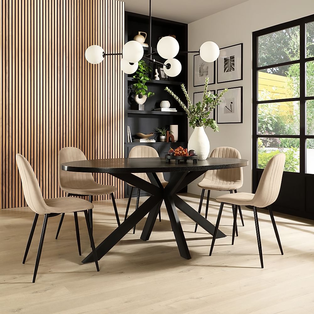 Madison Oval Dining Table & 4 Brooklyn Chairs, Black Oak Effect & Black Steel, Champagne Classic Velvet, 180cm