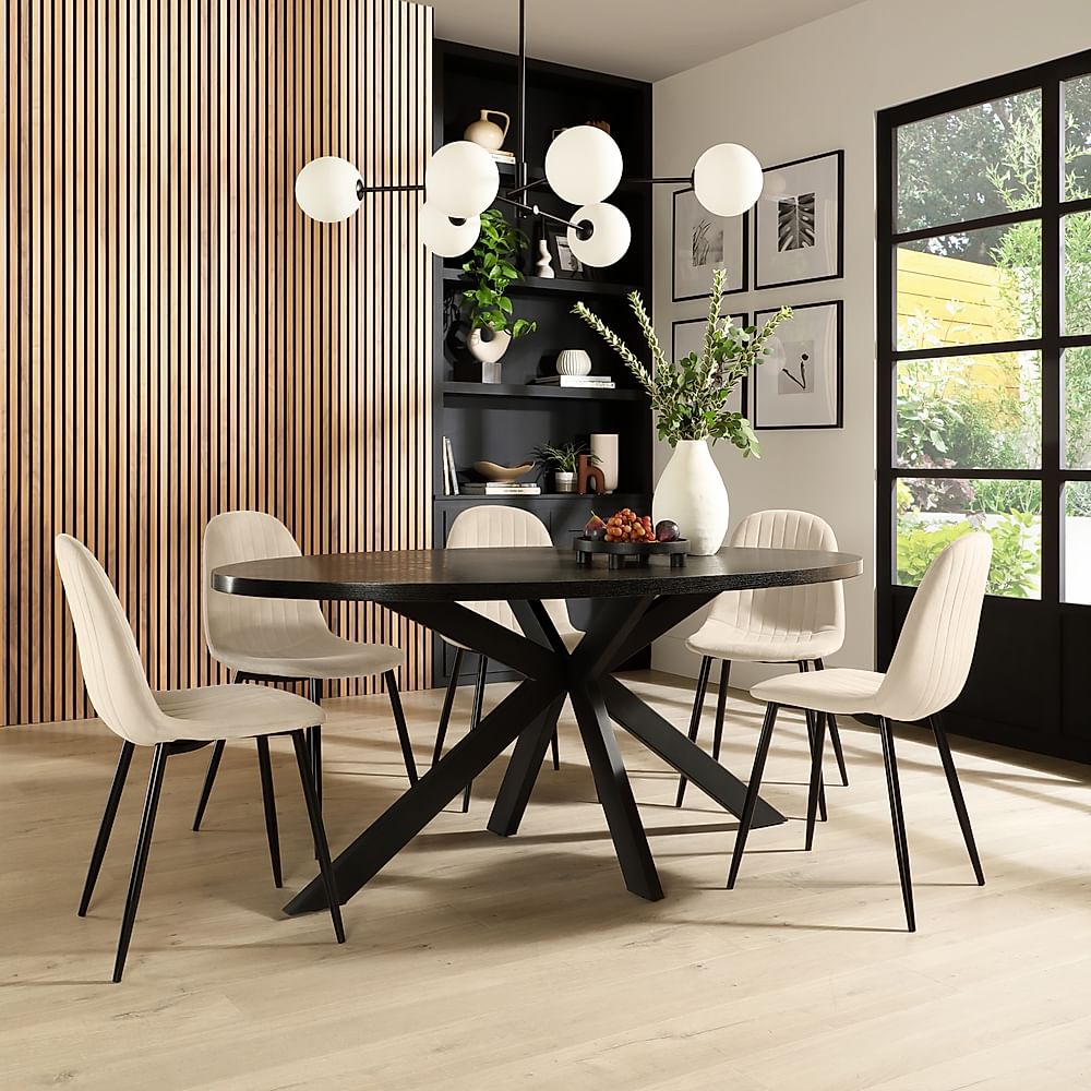 Madison Oval Dining Table & 6 Brooklyn Chairs, Black Oak Effect & Black Steel, Ivory Classic Plush Fabric, 180cm