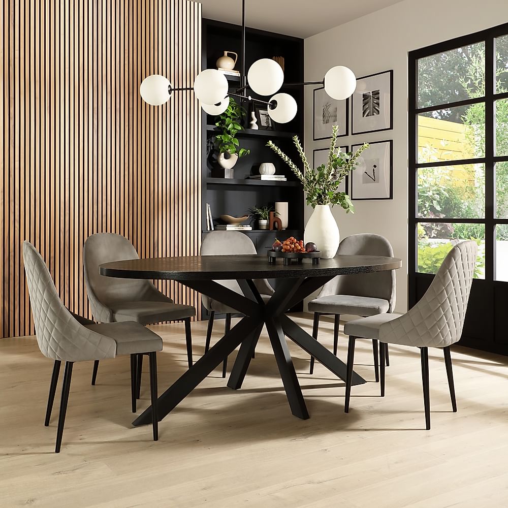 Madison Oval Dining Table & 6 Ricco Chairs, Black Oak Effect & Black Steel, Grey Classic Velvet, 180cm