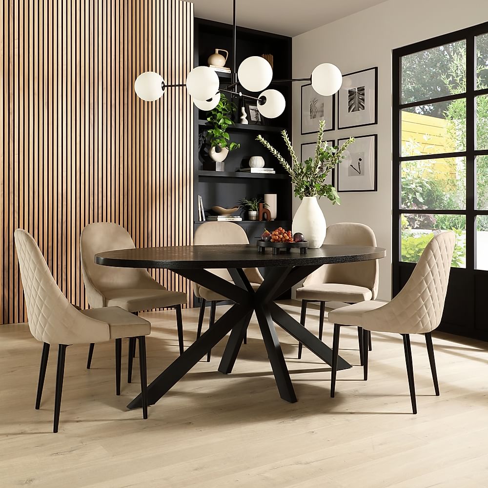 Madison Oval Dining Table & 4 Ricco Chairs, Black Oak Effect & Black Steel, Champagne Classic Velvet, 180cm