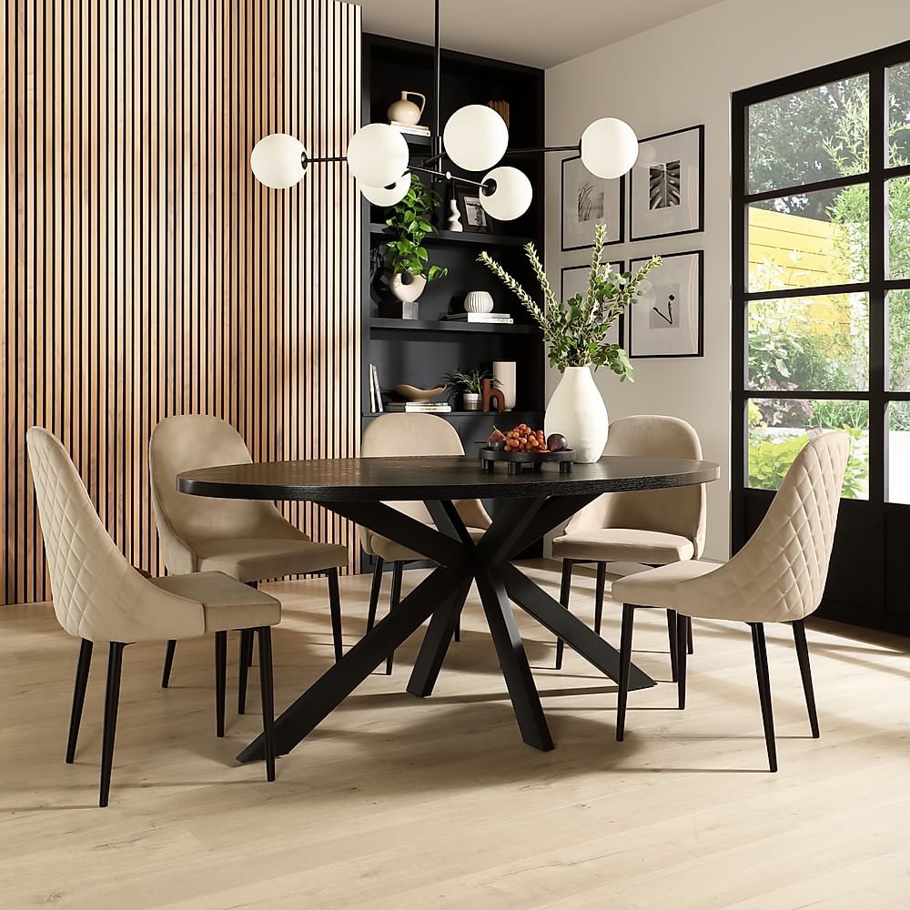 Madison Oval Dining Table & 6 Ricco Chairs, Black Oak Effect & Black Steel, Champagne Classic Velvet, 160cm