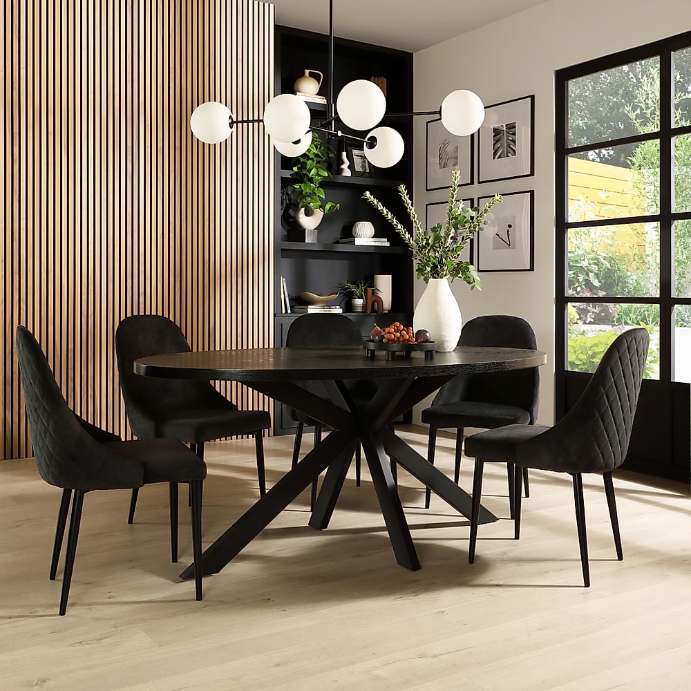 Madison Oval Dining Table & 4 Ricco Chairs, Black Oak Effect & Black Steel, Black Classic Velvet, 160cm