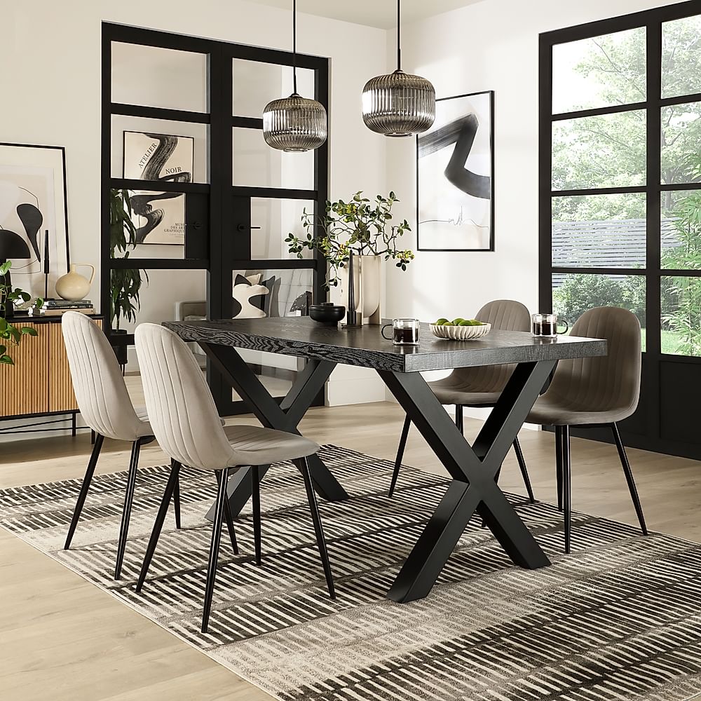 Franklin Dining Table & 4 Brooklyn Chairs, Black Oak Effect & Black Steel, Grey Classic Velvet, 160cm