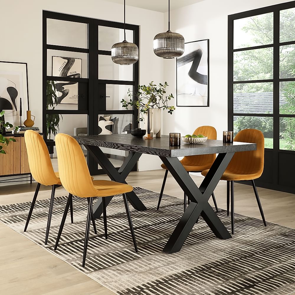 Franklin Dining Table & 4 Brooklyn Chairs, Black Oak Effect & Black Steel, Mustard Classic Velvet, 160cm