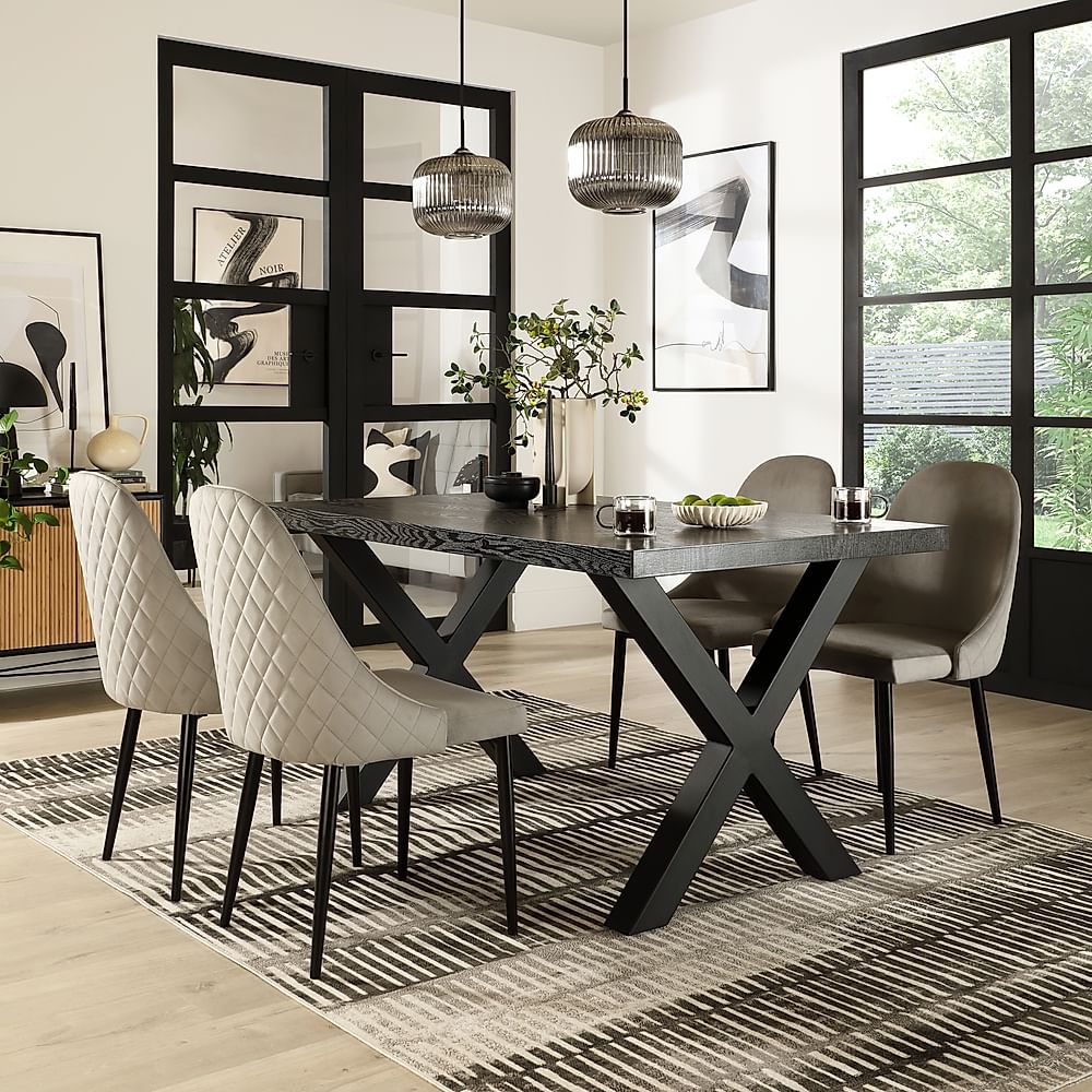 Franklin Dining Table & 4 Ricco Chairs, Black Oak Effect & Black Steel, Grey Classic Velvet, 160cm