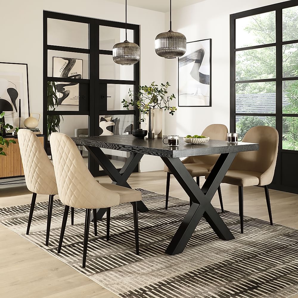 Franklin Dining Table & 4 Ricco Chairs, Black Oak Effect & Black Steel, Champagne Classic Velvet, 160cm