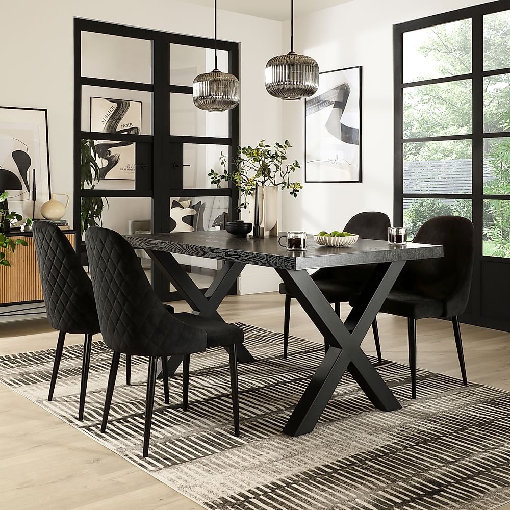 Franklin Dining Table & 4 Ricco Chairs, Black Oak Effect & Black Steel, Black Classic Velvet, 160cm