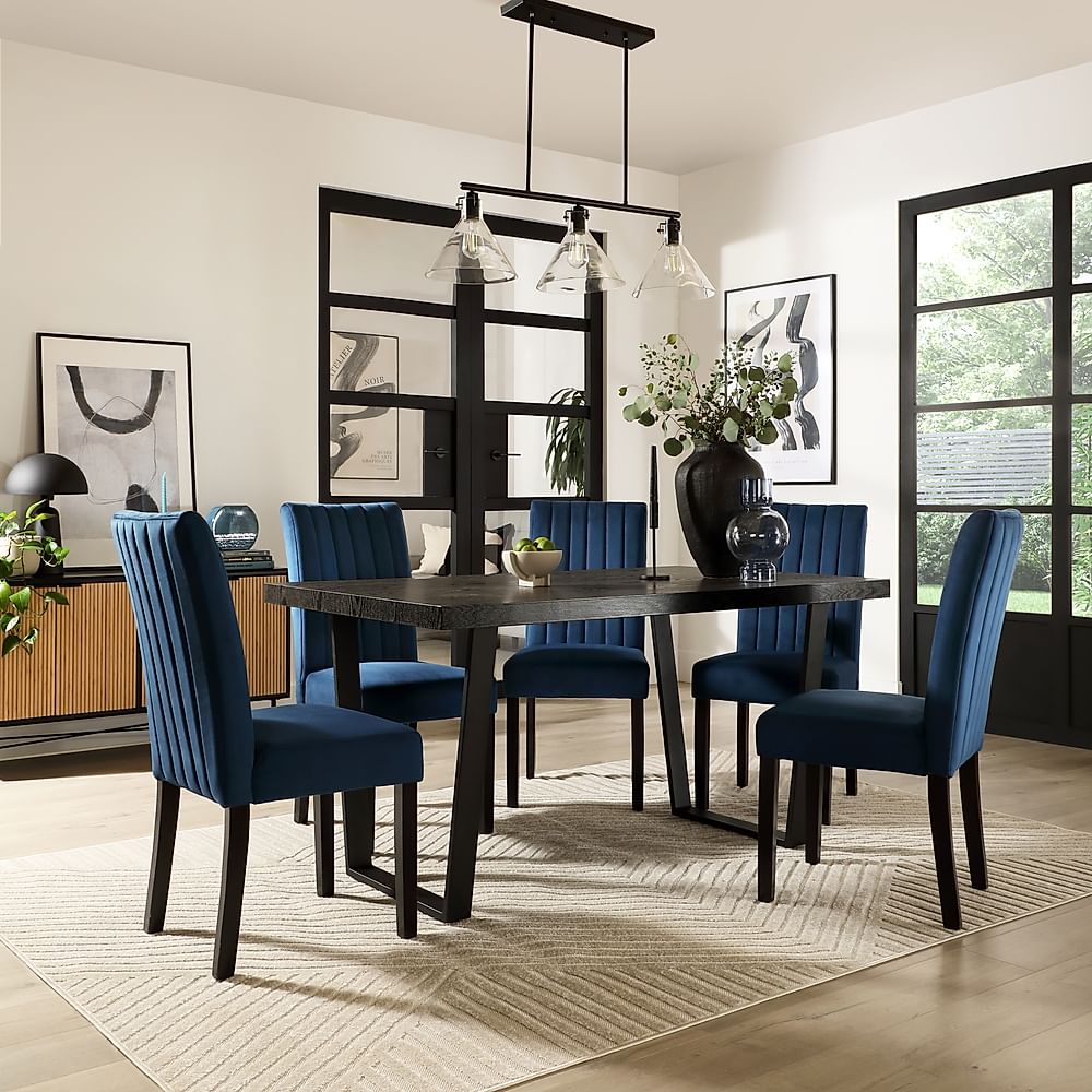 Addison Dining Table & 6 Salisbury Chairs, Black Oak Effect & Black Steel, Blue Classic Velvet & Black Solid Hardwood, 160cm