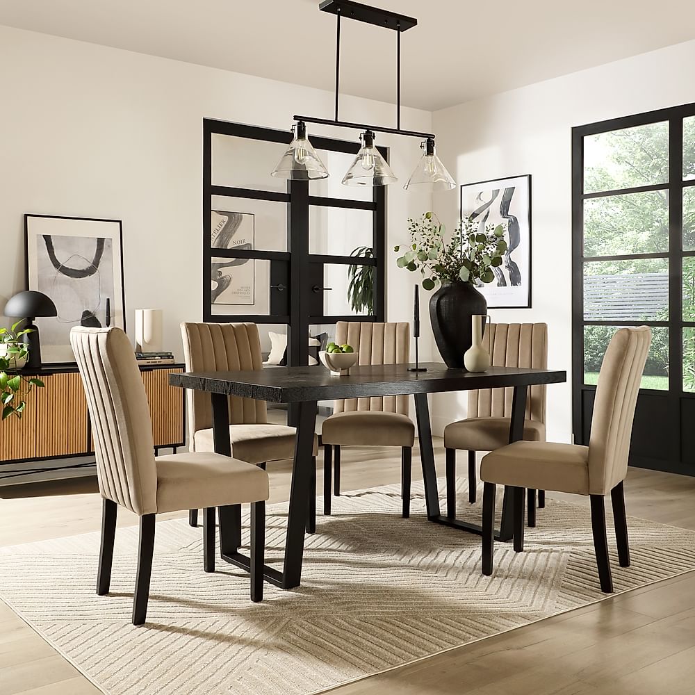 Addison Dining Table & 6 Salisbury Chairs, Black Oak Effect & Black Steel, Champagne Classic Velvet & Black Solid Hardwood, 160cm