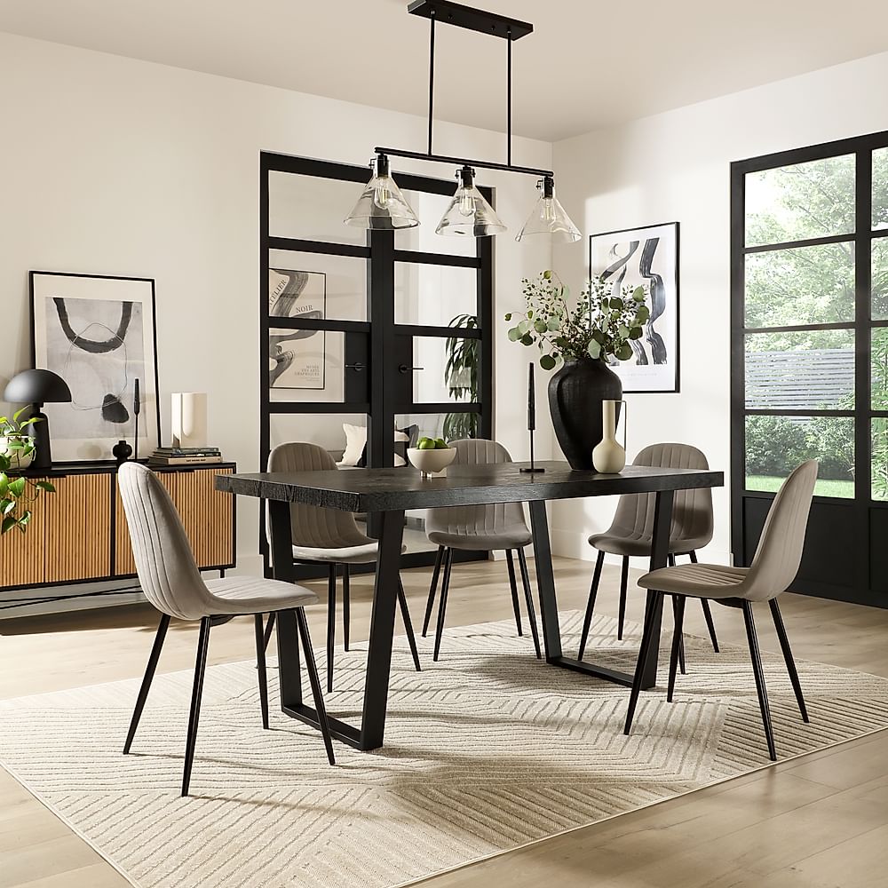 Addison Dining Table & 4 Brooklyn Chairs, Black Oak Effect & Black Steel, Grey Classic Velvet, 160cm