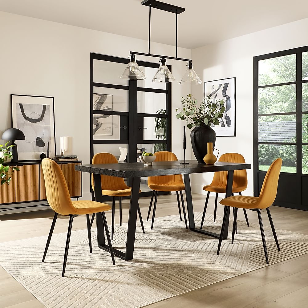 Addison Dining Table & 4 Brooklyn Chairs, Black Oak Effect & Black Steel, Mustard Classic Velvet, 160cm