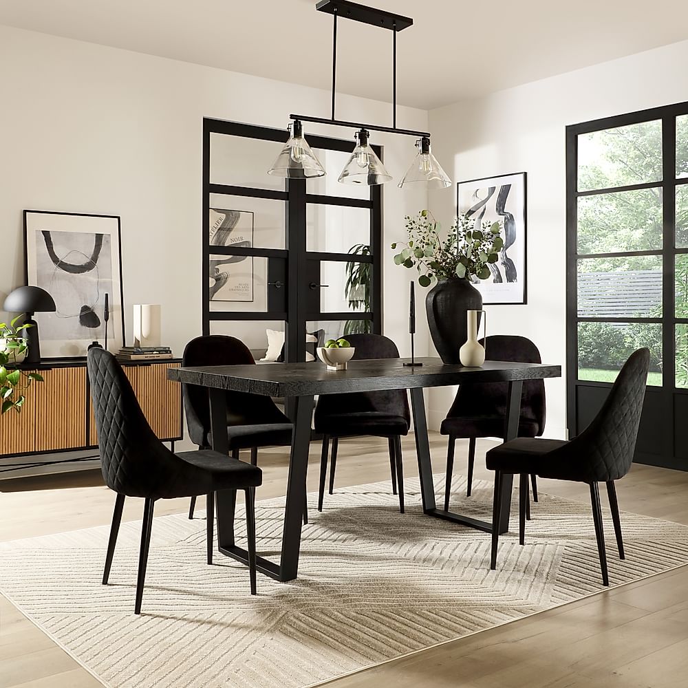 Addison Dining Table & 6 Ricco Chairs, Black Oak Effect & Black Steel, Black Classic Velvet, 160cm
