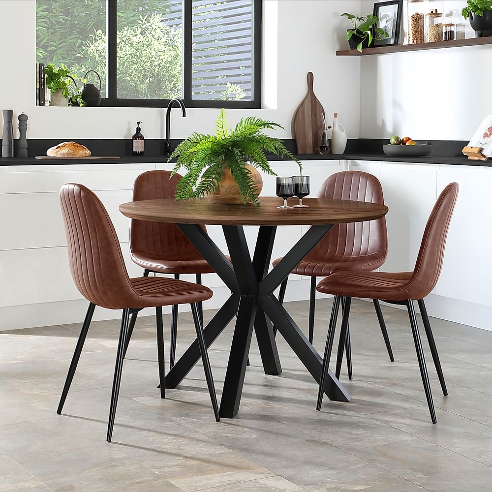 Newark Round Industrial Dining Table & 4 Brooklyn Chairs, Walnut Effect & Black Steel, Tan Classic Faux Leather, 110cm