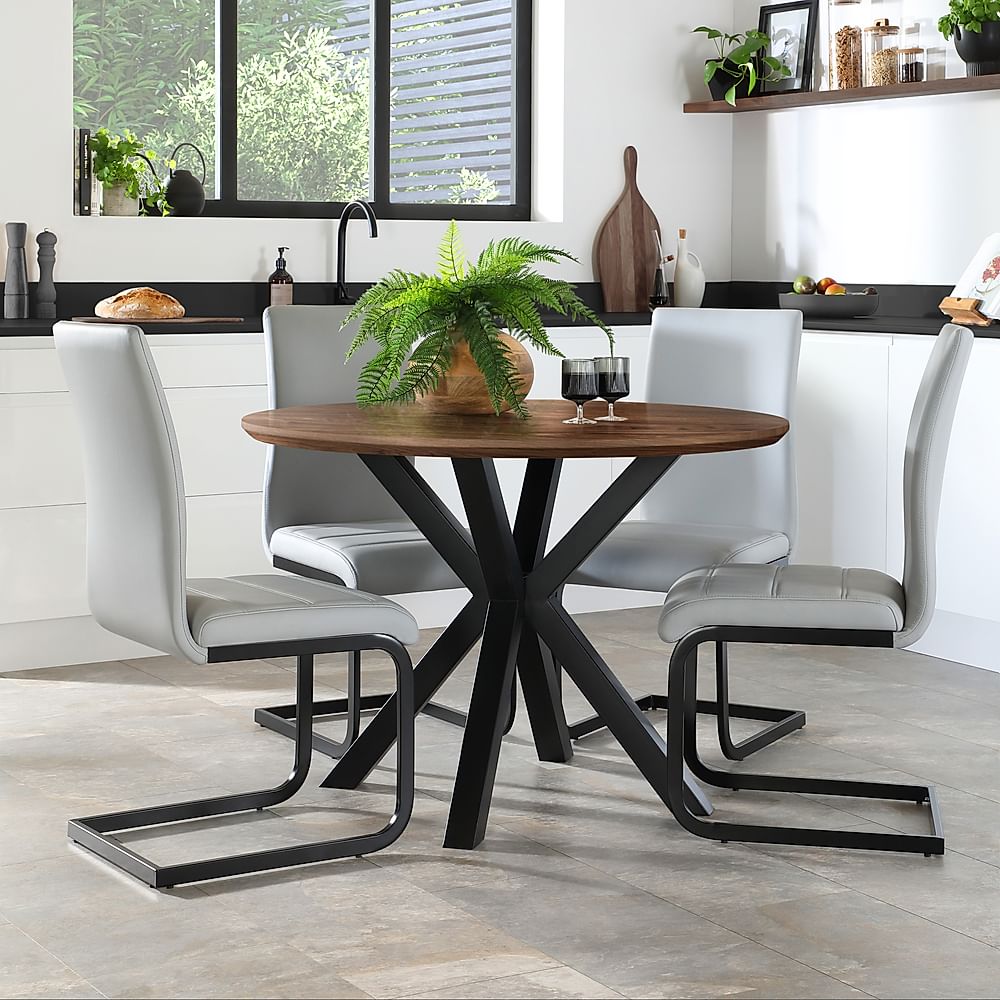 Newark Round Industrial Dining Table & 4 Perth Chairs, Walnut Effect & Black Steel, Light Grey Classic Faux Leather, 110cm