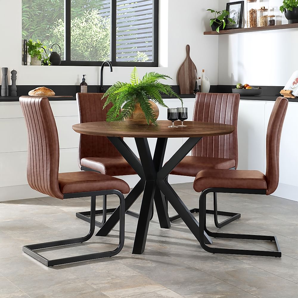 Newark Round Industrial Dining Table & 4 Perth Chairs, Walnut Effect & Black Steel, Tan Classic Faux Leather, 110cm