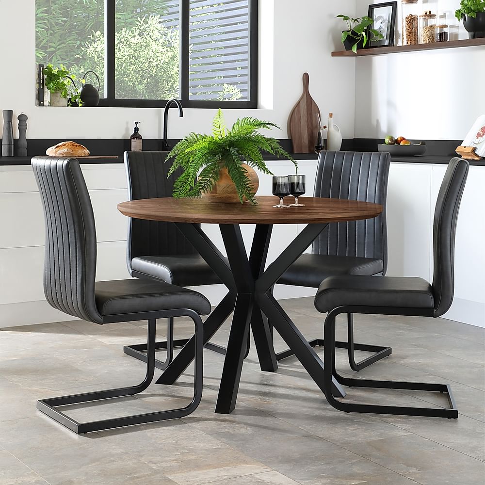 Newark Round Industrial Dining Table & 4 Perth Chairs, Walnut Effect & Black Steel, Vintage Grey Classic Faux Leather, 110cm