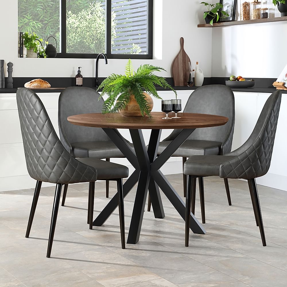 Newark Round Industrial Dining Table & 4 Ricco Chairs, Walnut Effect & Black Steel, Vintage Grey Premium Faux Leather, 110cm