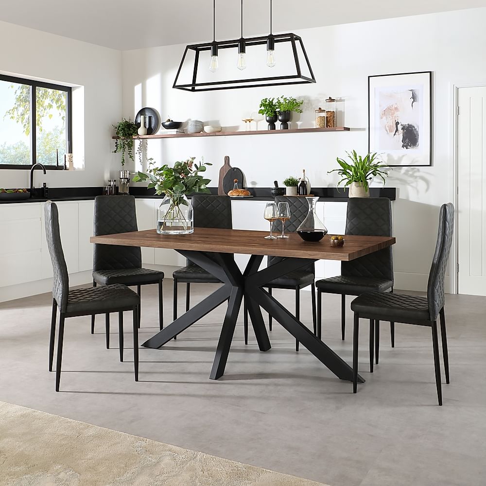 Madison Industrial Dining Table & 6 Renzo Chairs, Walnut Effect & Black Steel, Vintage Grey Premium Faux Leather, 160cm