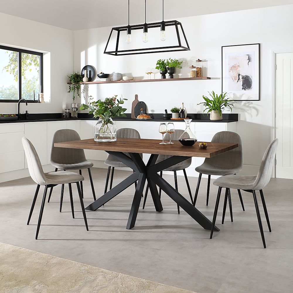 Madison Industrial Dining Table & 6 Brooklyn Chairs, Walnut Effect & Black Steel, Grey Classic Velvet, 160cm