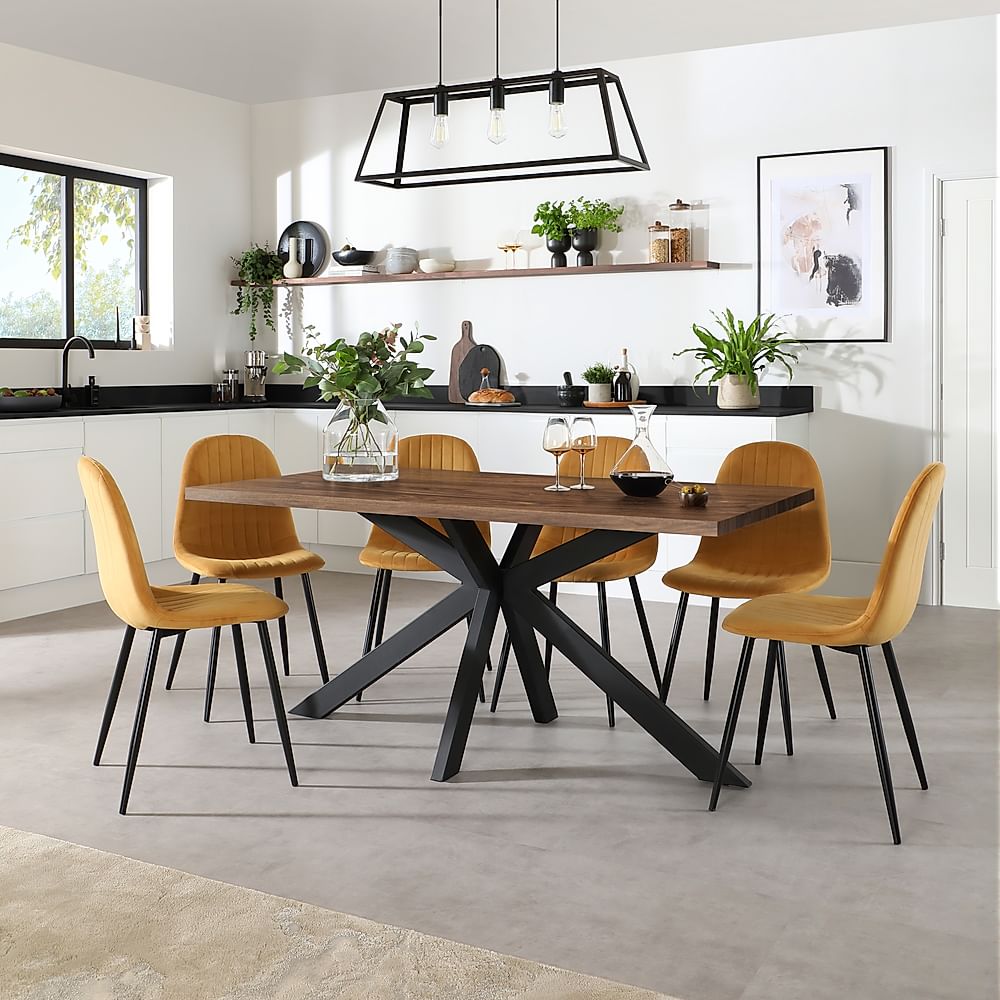Madison Industrial Dining Table & 4 Brooklyn Chairs, Walnut Effect & Black Steel, Mustard Classic Velvet, 160cm
