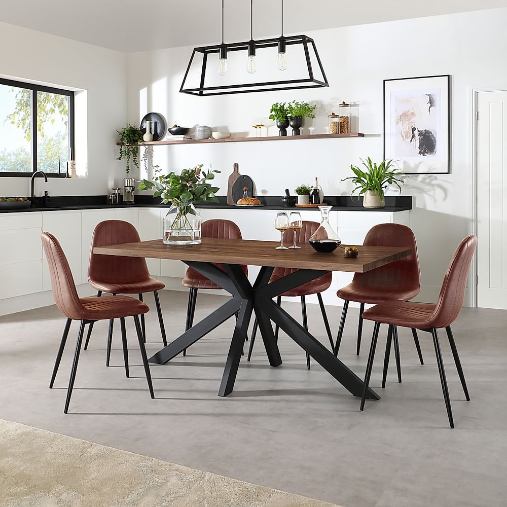 Madison Industrial Dining Table & 6 Brooklyn Chairs, Walnut Effect & Black Steel, Tan Classic Faux Leather, 160cm