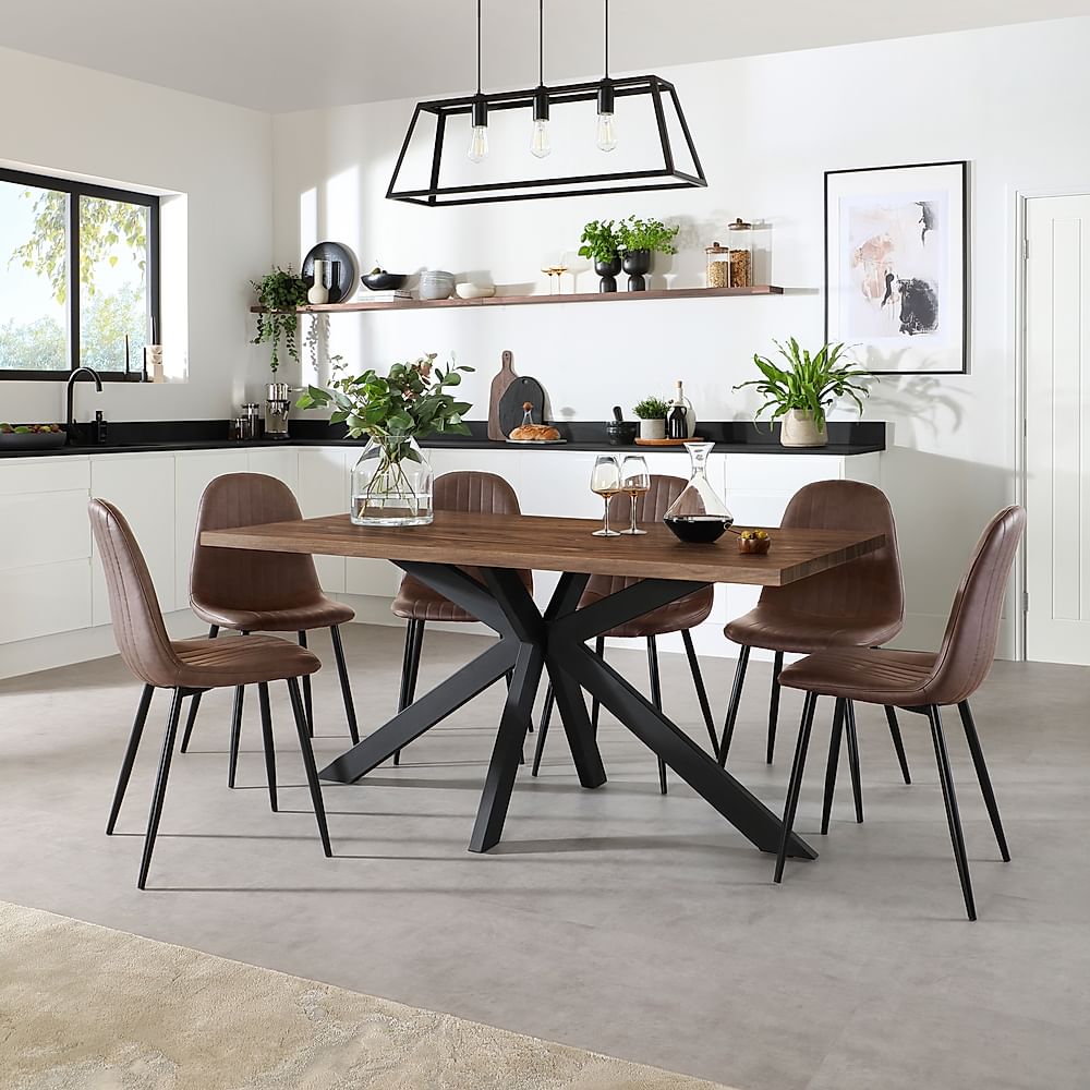 Madison Industrial Dining Table & 4 Brooklyn Chairs, Walnut Effect & Black Steel, Vintage Brown Classic Faux Leather, 160cm