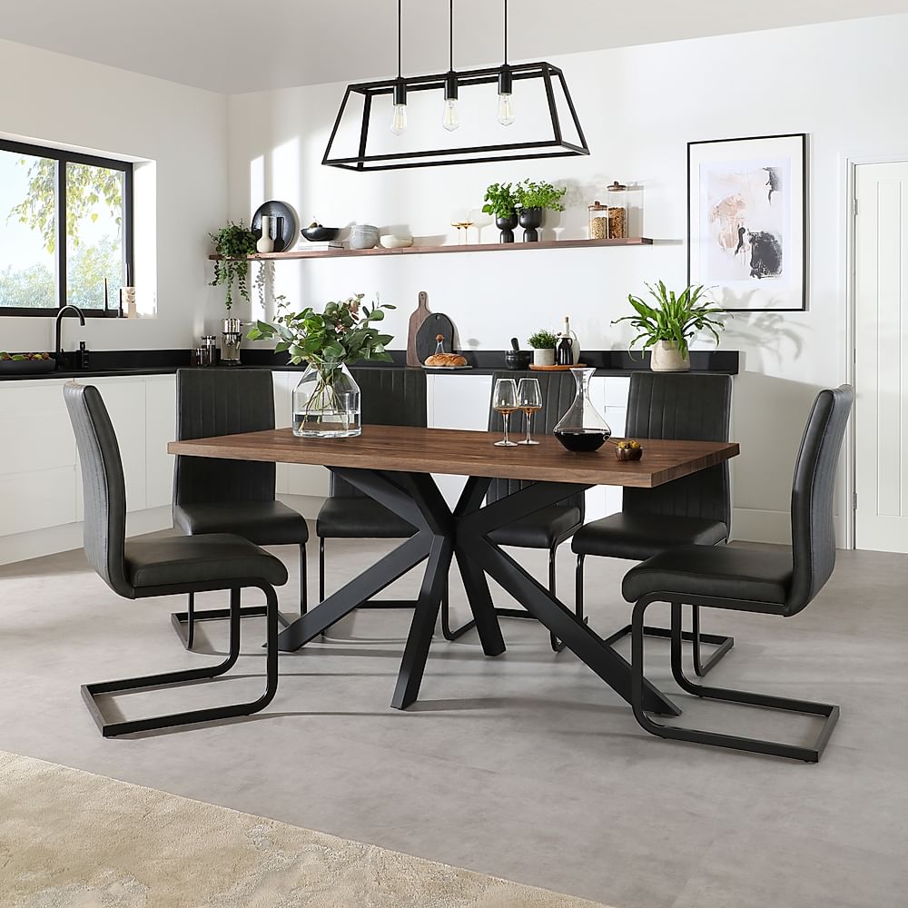 Madison Industrial Dining Table & 6 Perth Chairs, Walnut Effect & Black Steel, Vintage Grey Classic Faux Leather, 160cm