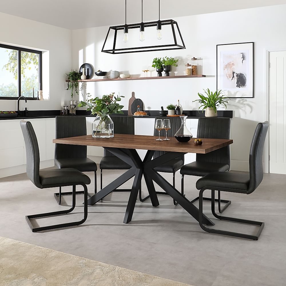 Madison Industrial Dining Table & 6 Perth Chairs, Walnut Effect & Black Steel, Vintage Grey Premium Faux Leather, 160cm