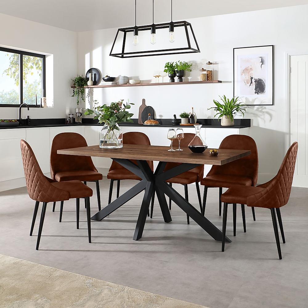 Madison Industrial Dining Table & 4 Ricco Chairs, Walnut Effect & Black Steel, Tan Premium Faux Leather, 160cm