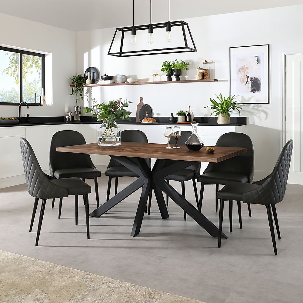 Madison Industrial Dining Table & 6 Ricco Chairs, Walnut Effect & Black Steel, Vintage Grey Premium Faux Leather, 160cm